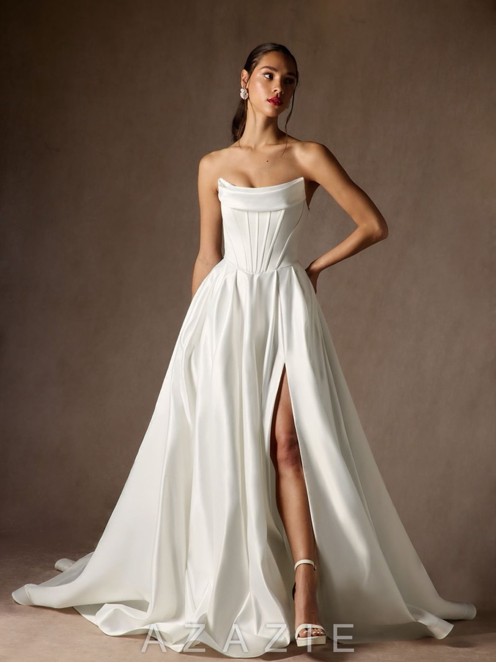 Azazie Katalina Diamond White Satin Ball Gown, Strapless with Pleated Bodice